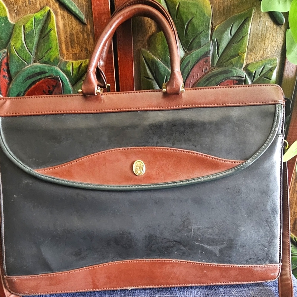 Vintage 1970s Brown Black Leather Briefcase Craftmanship Some Wear Gold Shield